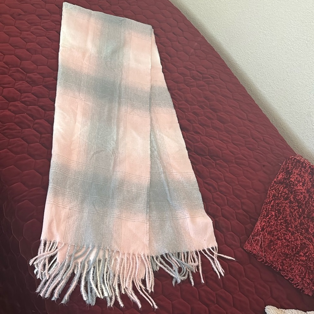 Pink, gray and white scarf.